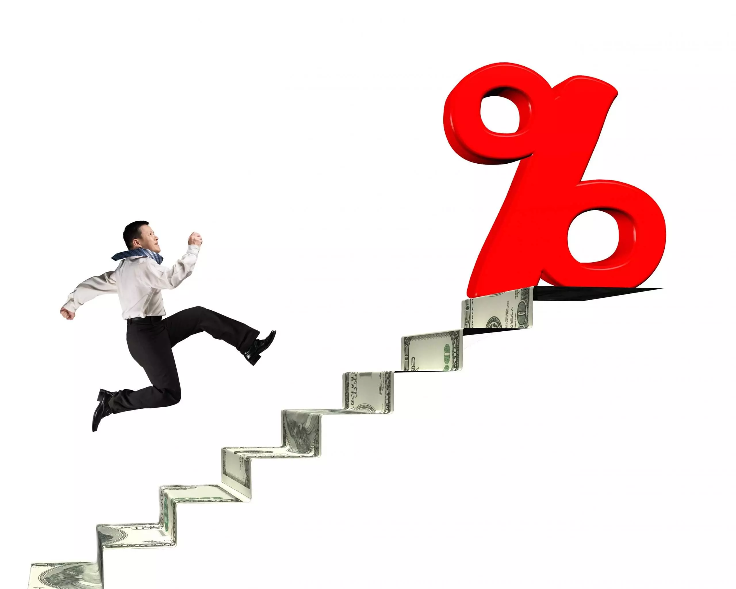 Image of man running up stairs made of a dollar bill with folds leading to a large percentage sign.