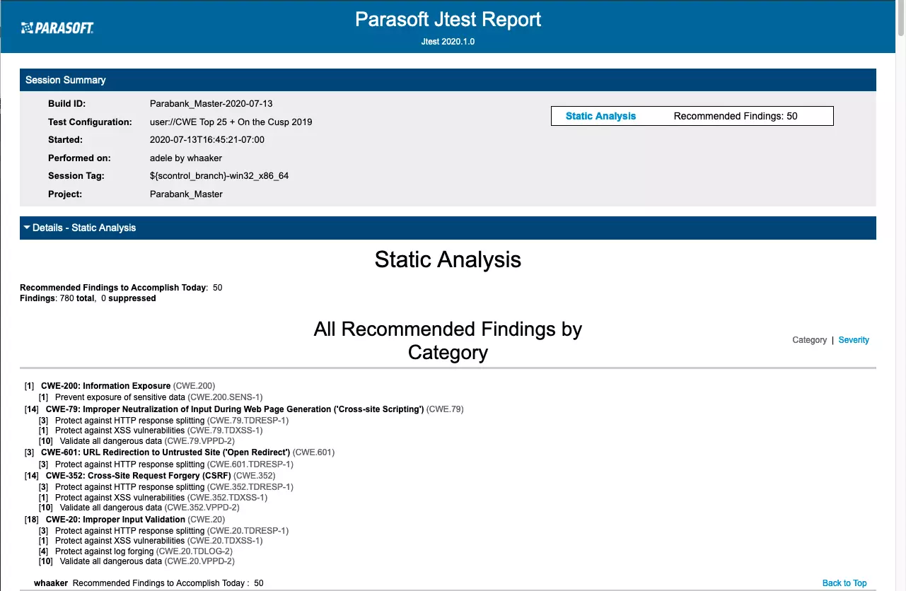 Finding SQL Injections: Parasoft Jtest Report