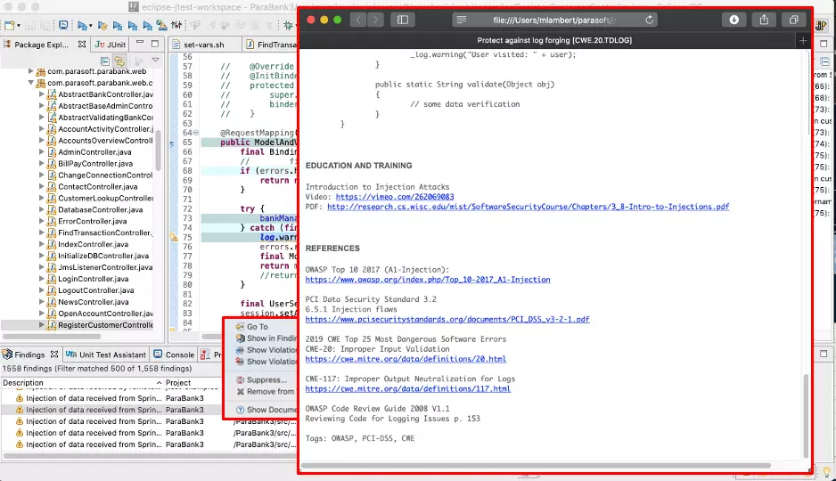 Parasoft C/C++test Example of Security Warnings