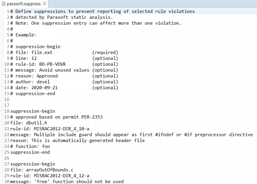 Screen capture of parasoft.suppress listing an example of supressions