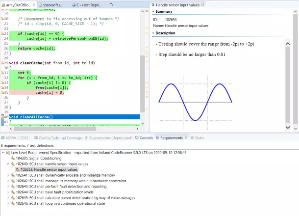 Screen capture of Parasoft C/C++test Requirements View showing sample data of handle sensor input values