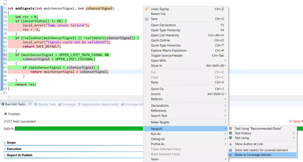Menu showing Parasoft then Show in Coverage Advisor