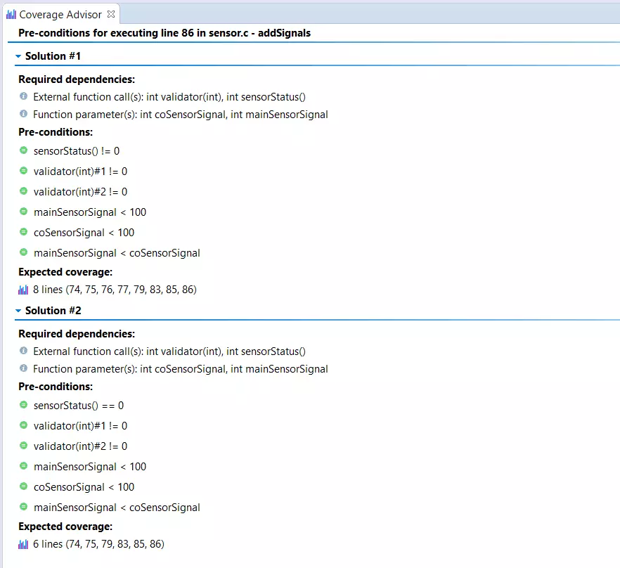 Screen capture of Coverage Advisor tab showing dependencies, preconditions, expected coverage