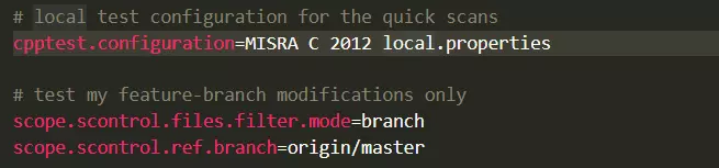 Screen capture of code for local test configuration for the quick scans
