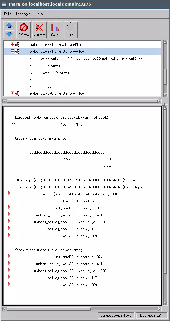 Screen capture of Insure++ sudoers.c (974) write overflow for CVE-2021-4156