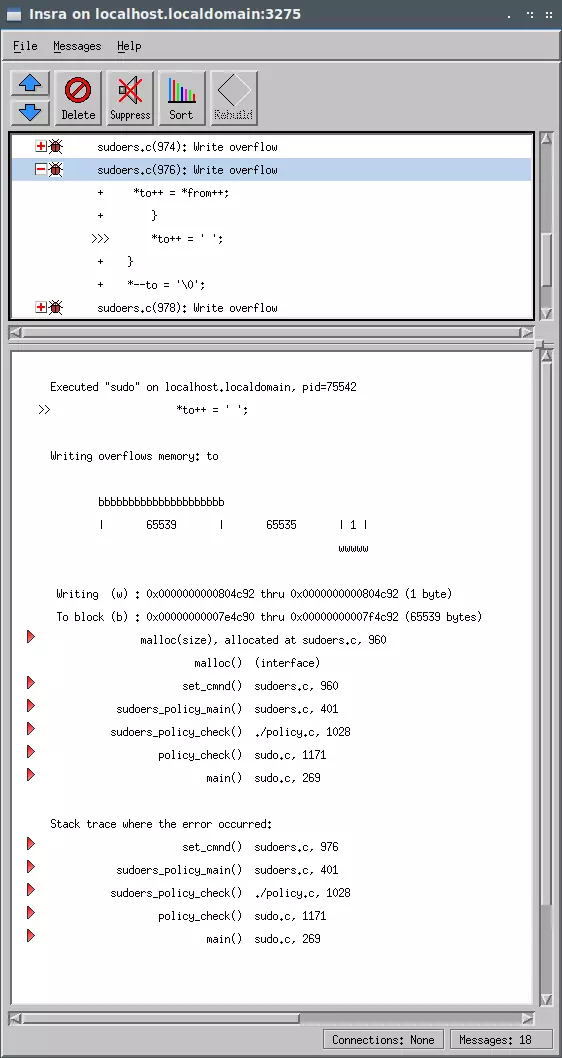 Screen capture of Insure++ sudoers.c (976) read overflow for CVE-2021-4156
